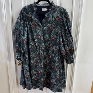 Elegant Hunter Green Floral Dress with Red Accents. Perfect for Holiday Season